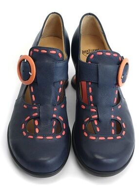 John Fluevog Enthusiast Vintage Style T-Strap Heel Navy & Orange Size 9